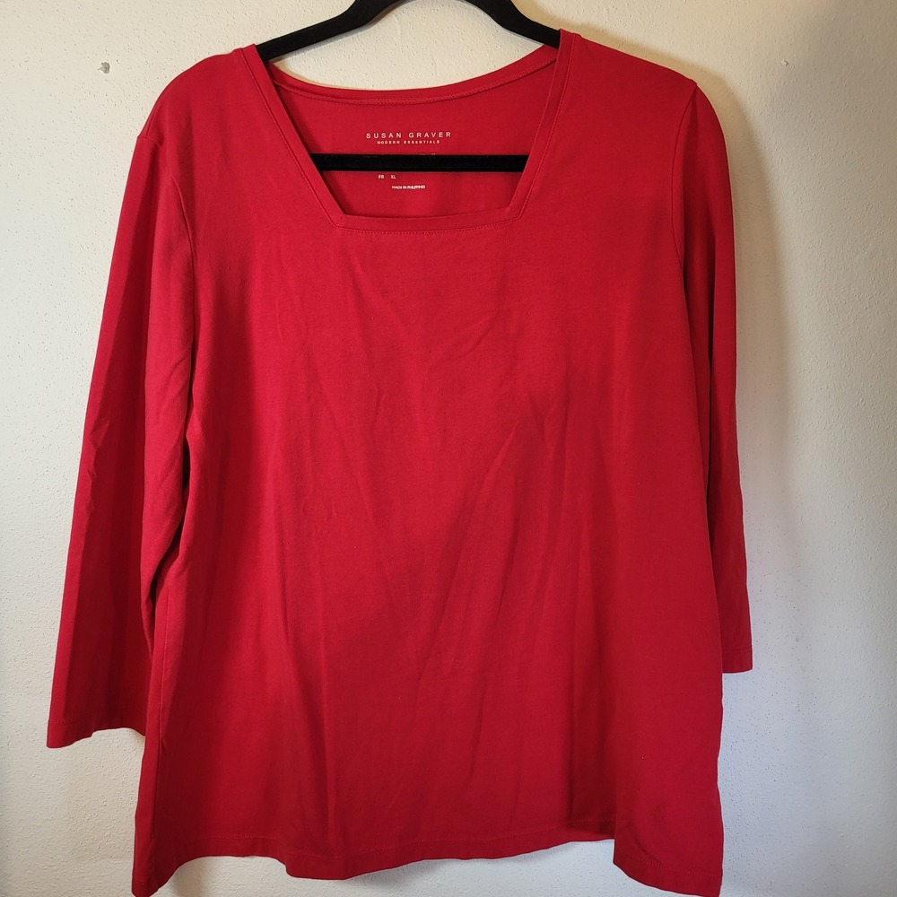 Susan Graver Modern‎ Essentials Red Square Neck 3/4 Sleeve Tunic Top XL